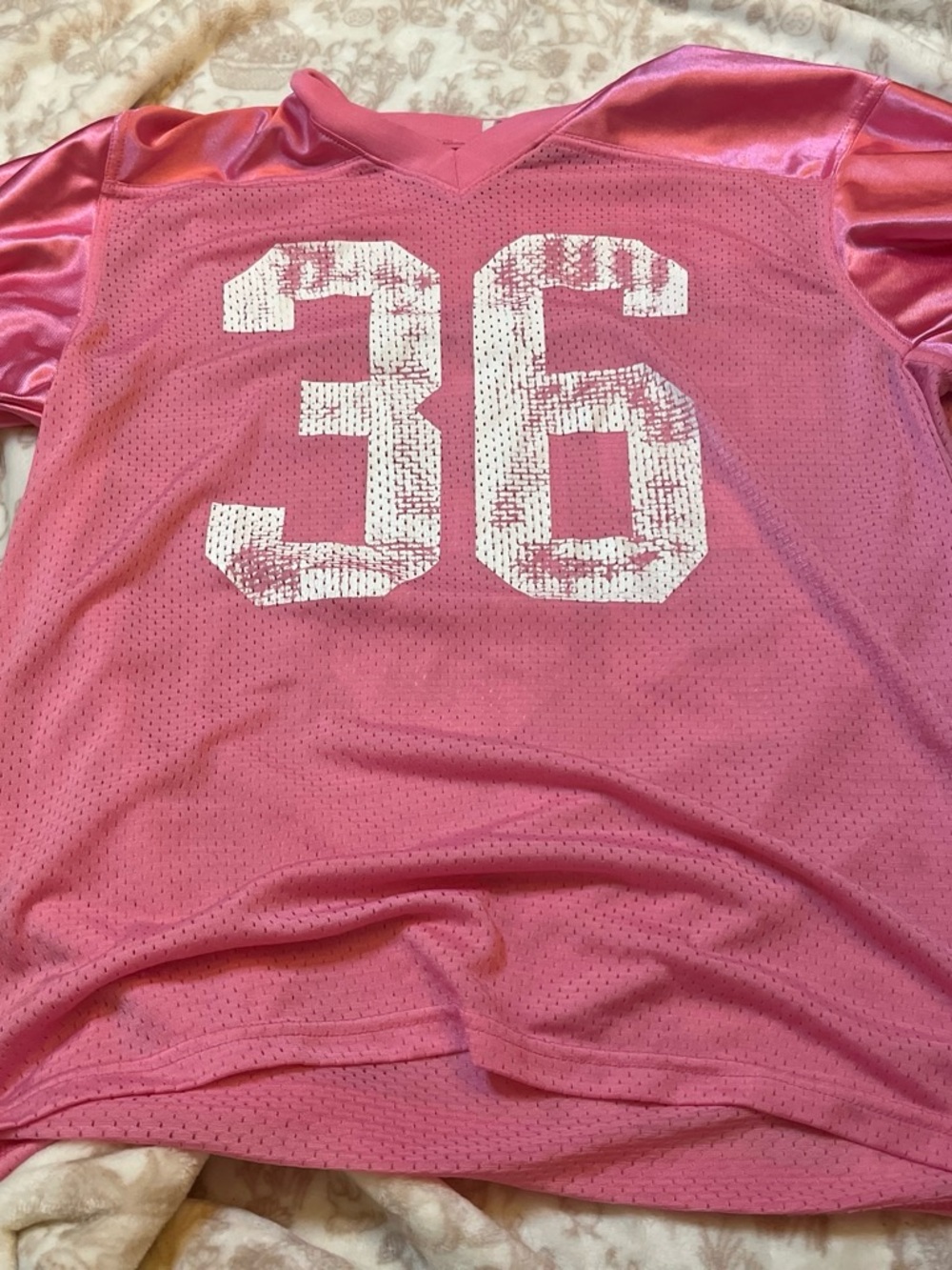 Pink Mesh Sports Jersey with White Distressed Number 36